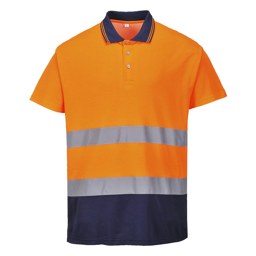 Portwest Hi Vis Two tone Cotton Comfort Orange and navy Polo shirt. Polo shirt has navy contrast on the collar and bottom of the shirt. Shirt has hi vis bands across the waist.