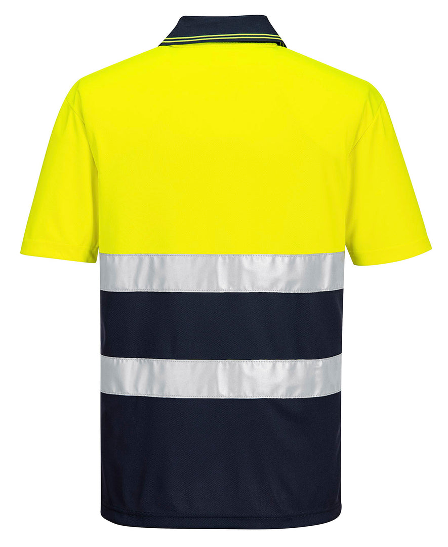 Back of Portwest Hi-Vis Lightweight Contrast Polo Shirt with short sleeves in yellow with navy collar and bottom of body. Reflective strips across body.