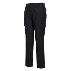 Black Stretch Slim Combat Trouser with side pockets lower combat pockets and belt loops.