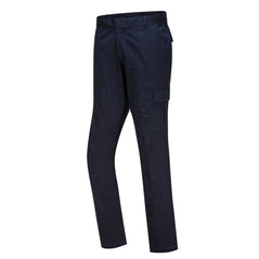 Dark Navy Stretch Slim Combat Trouser with side pockets lower combat pockets and belt loops.