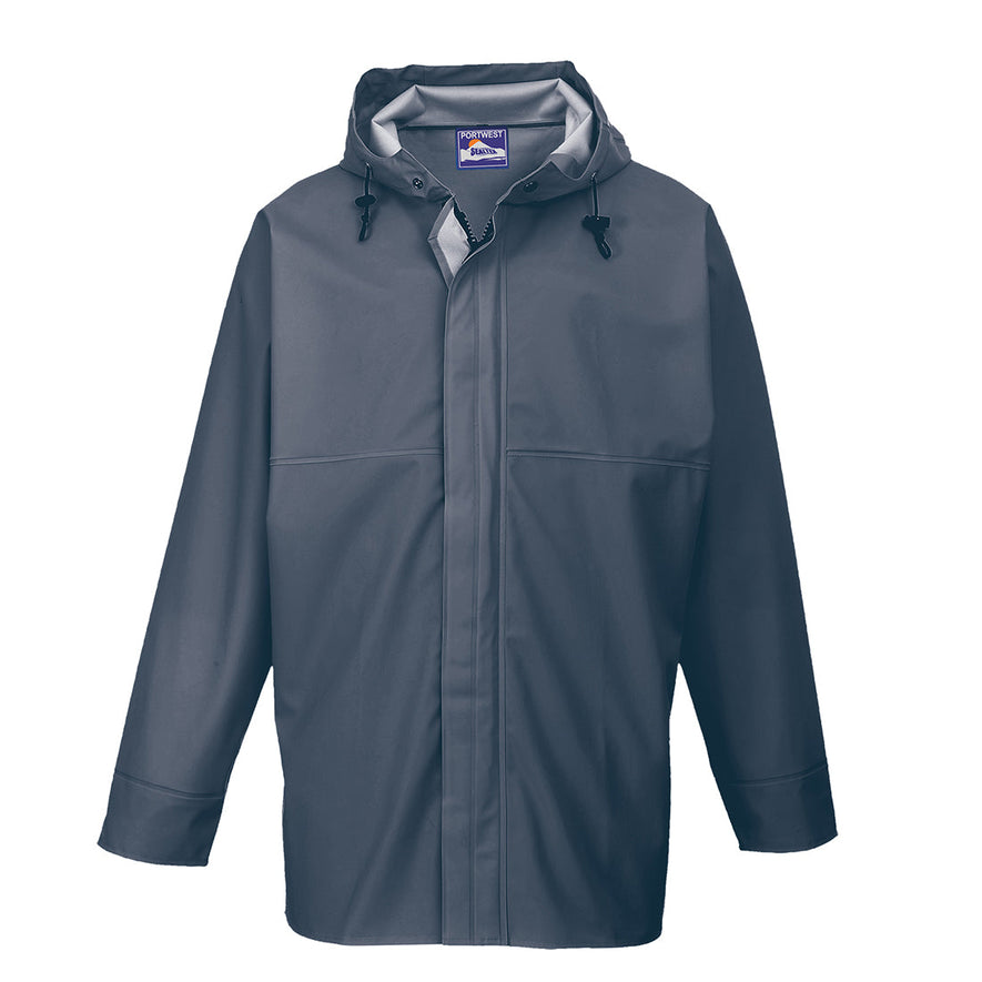 Navy Portwest Sealtex Ocean jacket. Jacket has Visible hood and two lower pockets.