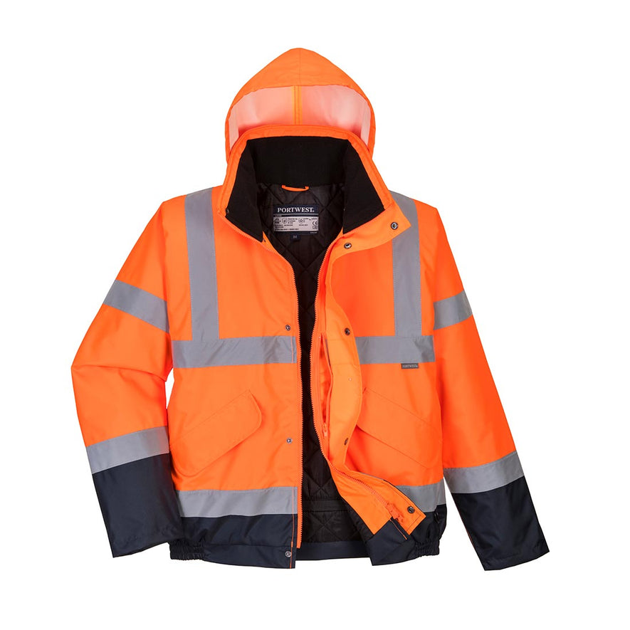 Orange Hi-Vis Two Tone Bomber Jacket with hood and navy trim on bottom with reflective strips