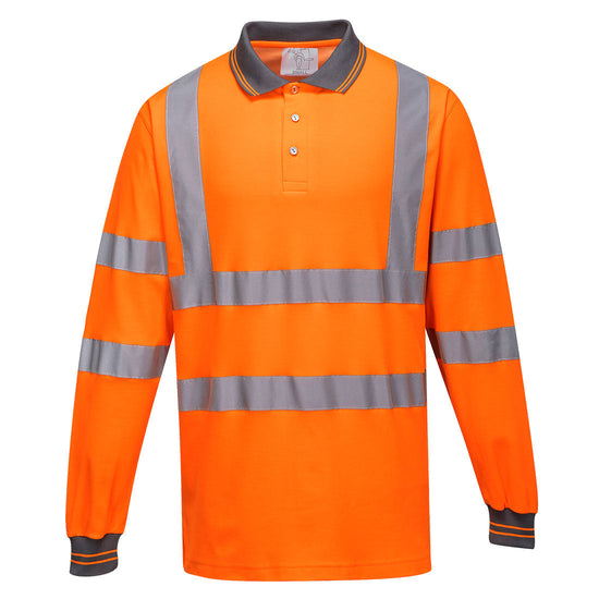 Orange Hi vis polo shirt long sleeve with grey accents on the collar and wrist cuff. Polo Shirts have two hi vis waist bands and hi vis shoulder bands.