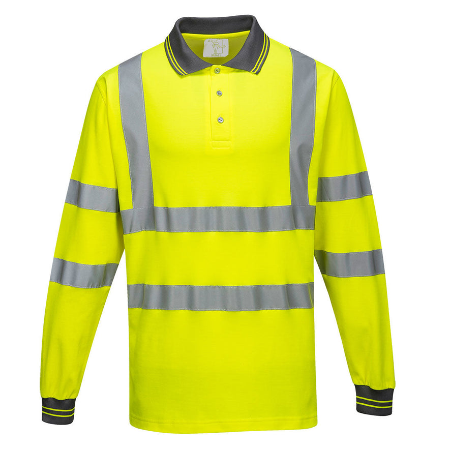 Yellow Hi vis polo shirt long sleeve with grey accents on the collar and wrist cuff. Polo Shirts have two hi vis waist bands and hi vis shoulder bands.