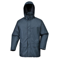 Navy Portwest Sealtex AIR jacket. Jacket has pockets down the bottom of the jacket and visible hood.