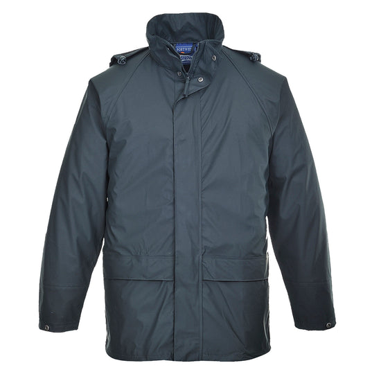 Navy Portwest Sealtex classic Jacket. Jacket has zip fasten, side pockets and visible hood.