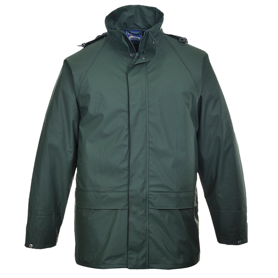 Olive Green Portwest Sealtex classic Jacket. Jacket has zip fasten, side pockets and visible hood.