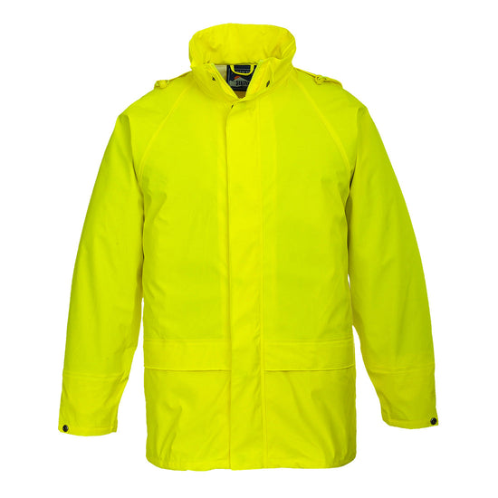 Yellow Portwest Sealtex classic Jacket. Jacket has zip fasten, side pockets and visible hood.