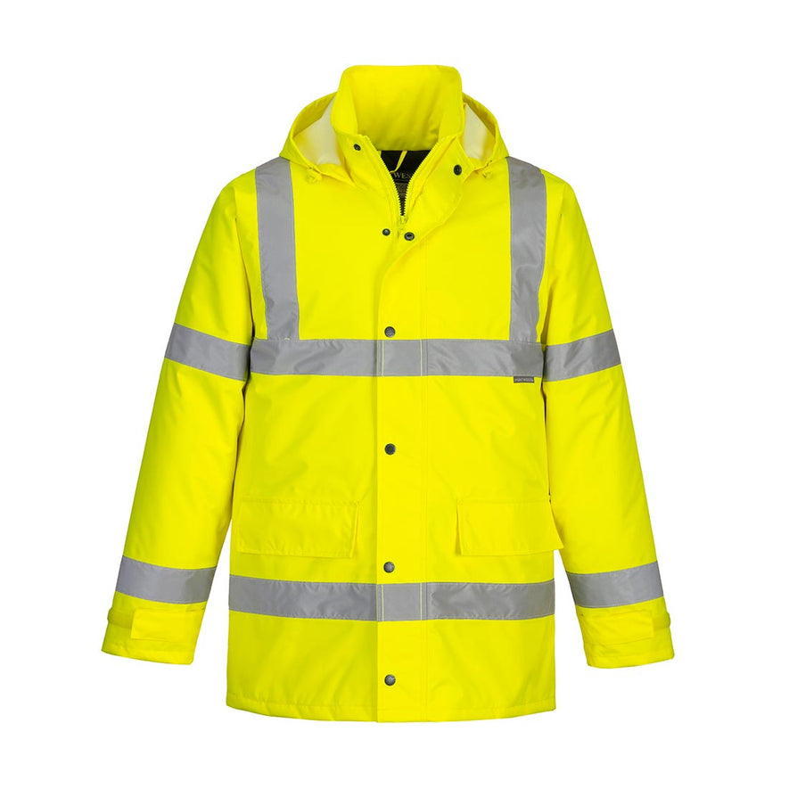 Yellow Hi-Vis Traffic Jacket with buttons and large pockets with reflective strips