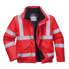 Red Hi vis bomber jacket with two waist bands and shoulder bands. Pop button fasten with waist pockets and visible hood.