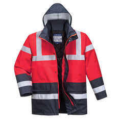 Red Hi vis traffic jacket with two waist bands and arm bands. Pop button and zip fasten with waist pockets and visible hood. Navy contrast on the bottom of the arms and body.