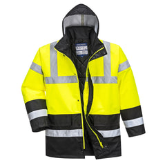 Yellow Hi vis traffic jacket with two waist bands and arm bands. Pop button and zip fasten with waist pockets and visible hood. Black contrast on the bottom of the arms and body.