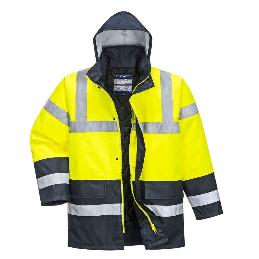 Yellow Hi vis traffic jacket with two waist bands and arm bands. Pop button and zip fasten with waist pockets and visible hood. Navy contrast on the bottom of the arms and body.