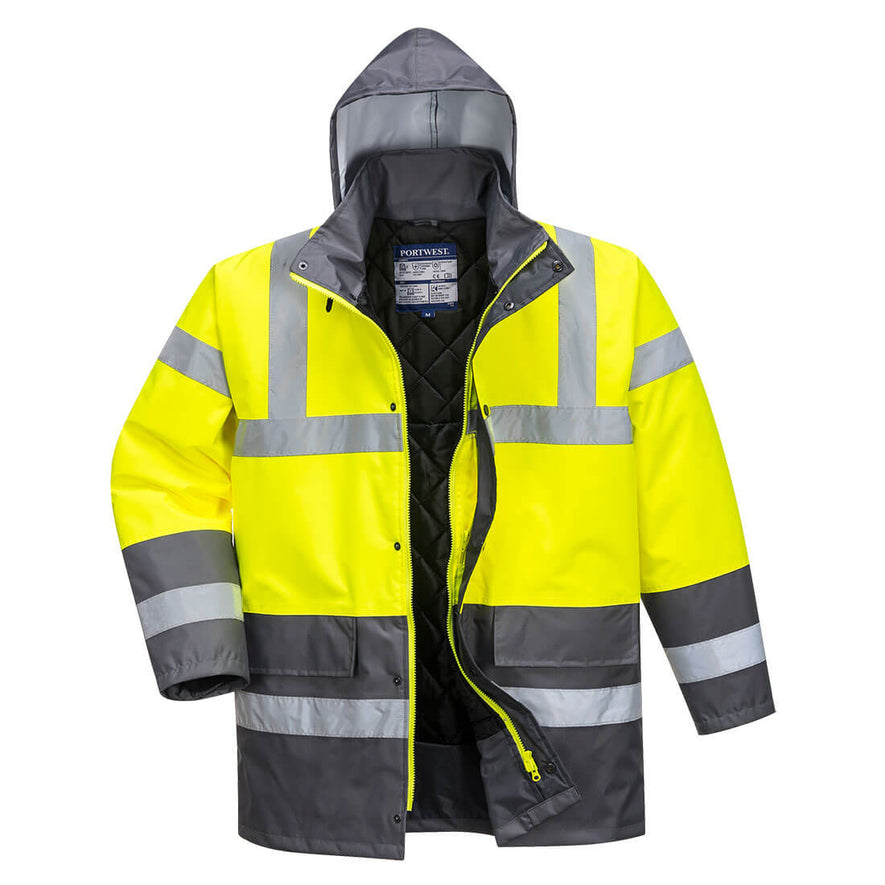 Yellow Hi vis traffic jacket with two waist bands and arm bands. Pop button and zip fasten with waist pockets and visible hood. Grey contrast on the bottom of the arms and body.