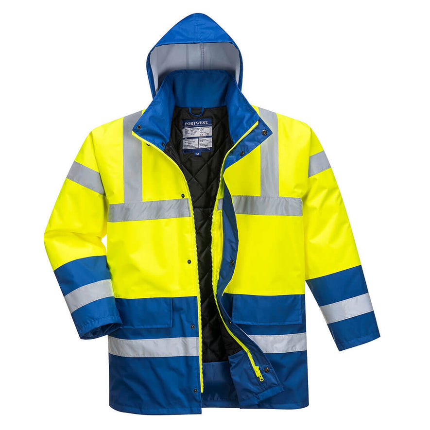 Yellow Hi vis traffic jacket with two waist bands and arm bands. Pop button and zip fasten with waist pockets and visible hood. Ruby blue contrast on the bottom of the arms and body.