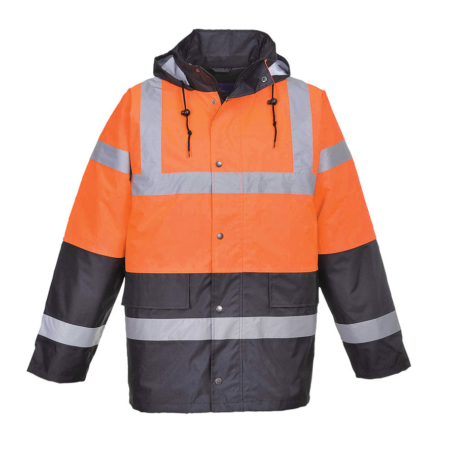 Yellow Hi vis traffic jacket with two waist bands and arm bands. Pop button and zip fasten with waist pockets and visible hood. Navy contrast on the bottom of the arms and body.