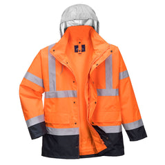 Orange Hi vis four in one contrast traffic jacket with two waist bands and shoulder bands. Zip and Pop button fasten with waist pockets and visible hood. Jacket has navy contrast on the bottom of the jacket and arms.