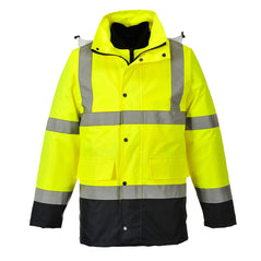 Yellow Hi vis four in one contrast traffic jacket with two waist bands and shoulder bands. Zip and Pop button fasten with waist pockets and visible hood. Jacket has navy contrast on the bottom of the jacket and arms.