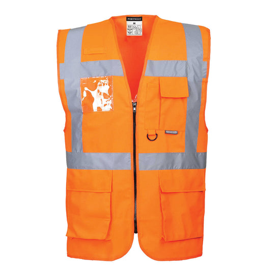 Orange executive vest, zip fasten with side pockets and chest pocket with d loop and id badge holder. Vests have waist bands and shoulder bands