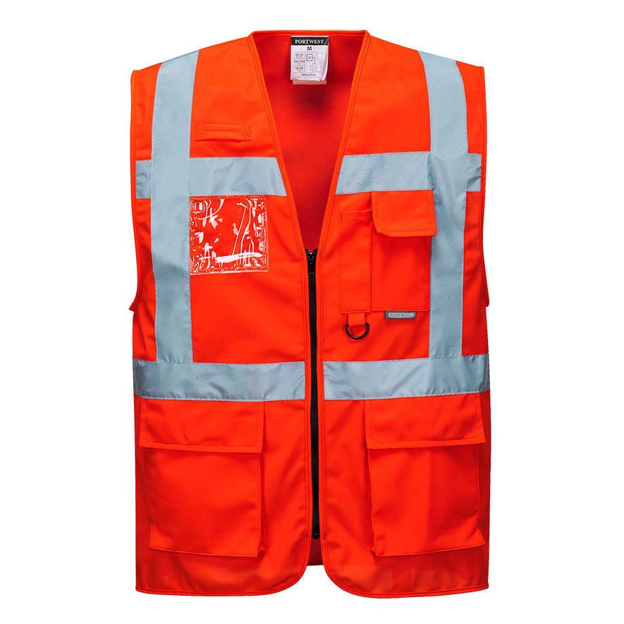 Red executive vest, zip fasten with side pockets and chest pocket with d loop and id badge holder. Vests have waist bands and shoulder bands