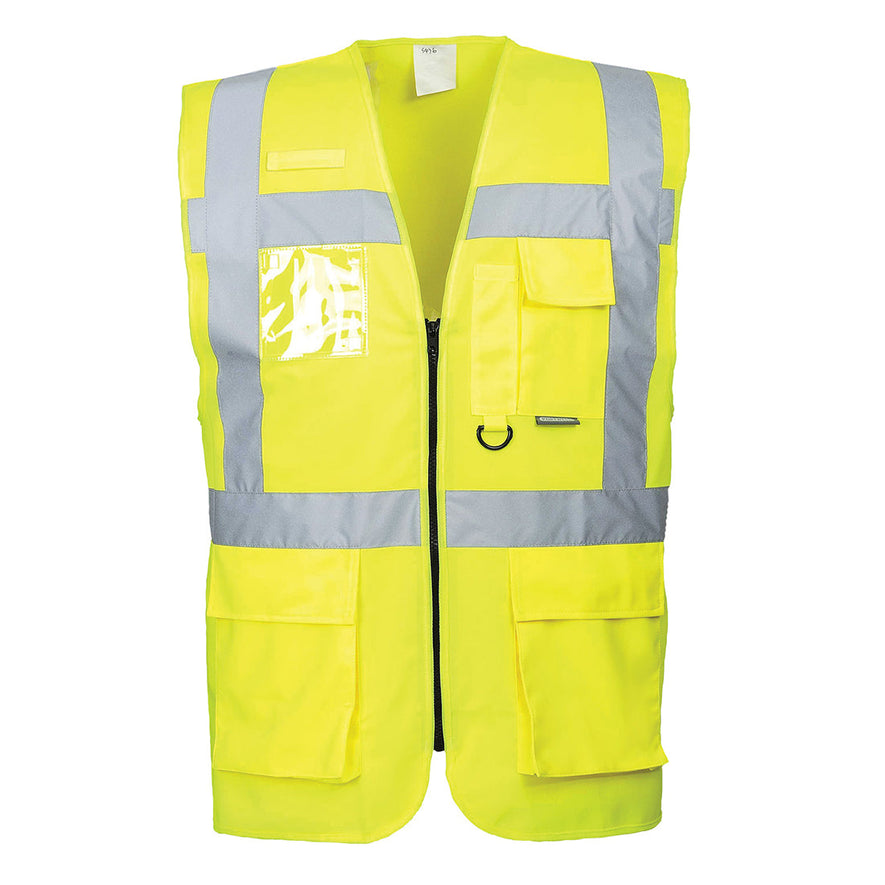 Yellow executive vest, zip fasten with side pockets and chest pocket with d loop and id badge holder. Vests have waist bands and shoulder bands