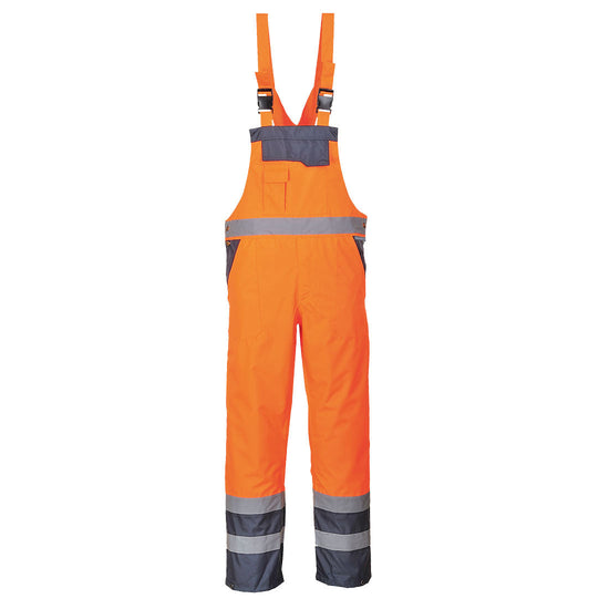 Orange Hi vis bib and brace with navy contrast on the bottom of the legs and top of pockets. Has side pockets a large chest pocket and shoulder bands.