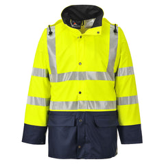 Yellow Portwest Sealtex Ultra Hi vis two tone jacket. Jacket has Hi vis strips along the waist arms and shoulders. Visible hood and two lower pockets. Jacket has navy contrast on the bottom of the sleeves and body.