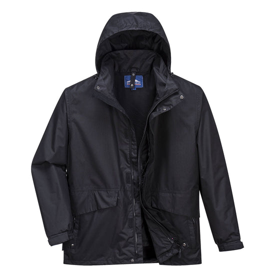 Black jacket with a hood, two side pockets and zip fasten.