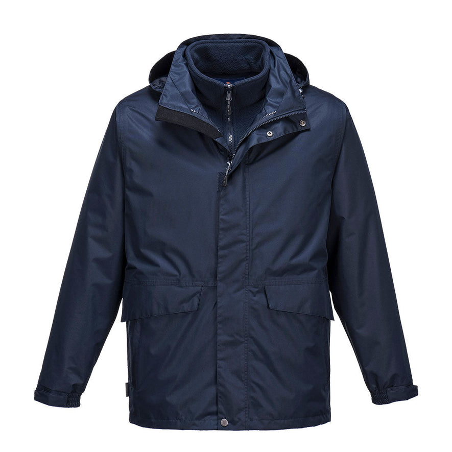 Navy jacket with a hood, two side pockets and zip fasten.