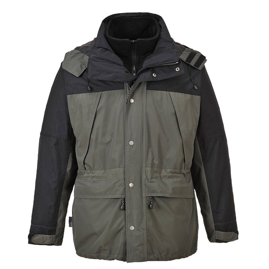 Grey Portwest Orkley 3 in 1 breathable jacket. Jacket has a black zip in fleece and hood to protect from harsh weather. Jacket has black contrast on the shoulders and sleeves. Jacket also has a black hood