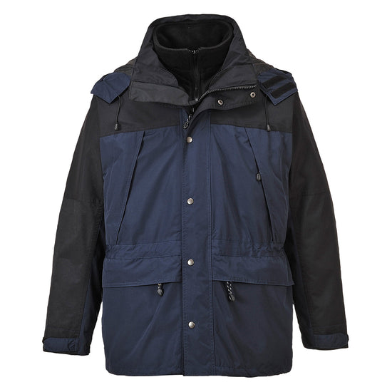 Navy Portwest Orkley 3 in 1 breathable jacket. Jacket has a black zip in fleece and hood to protect from harsh weather. Jacket has black contrast on the shoulders and sleeves. Jacket also has a black hood