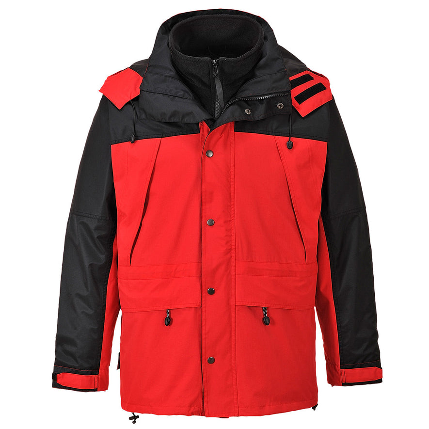 Red Portwest Orkley 3 in 1 breathable jacket. Jacket has a black zip in fleece and hood to protect from harsh weather. Jacket has black contrast on the shoulders and sleeves. Jacket also has a black hood