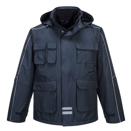 Navy Portwest RS multi-pocket Parka Jacket. Jacket has a hood, multi pockets on the lower, the chest and multi phone pockets on the right chest. jacket has white contrast stitching.