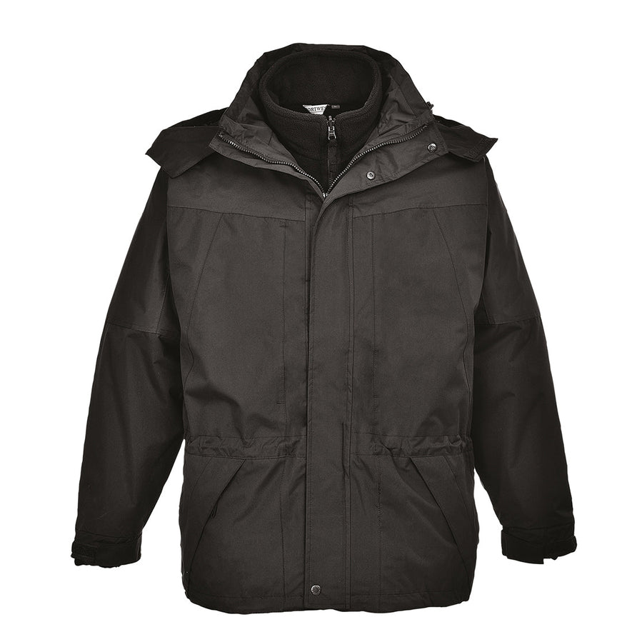 Black jacket with a hood, jacket has a grey contrast on the arms and chest , two side pockets and zip fasten.