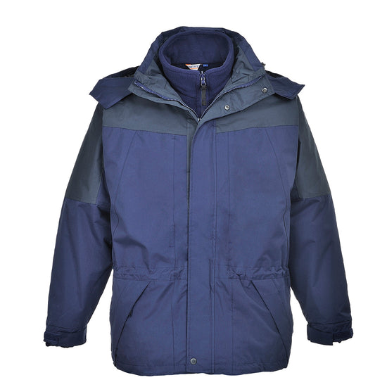 Navy jacket with a hood, jacket has a grey contrast on the arms and chest , two side pockets and zip fasten.