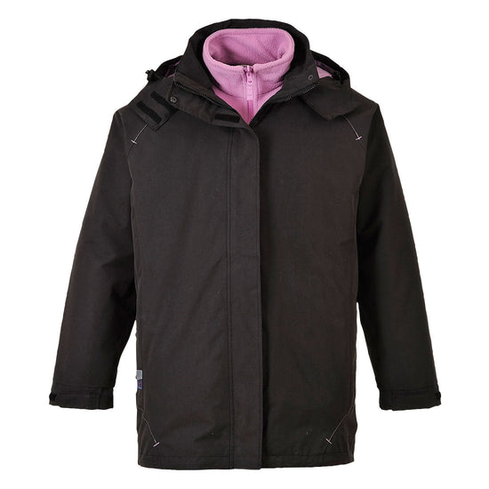 Black Elgin 3 in 1 ladies jacket. Jacket has a hood and pink inner.
