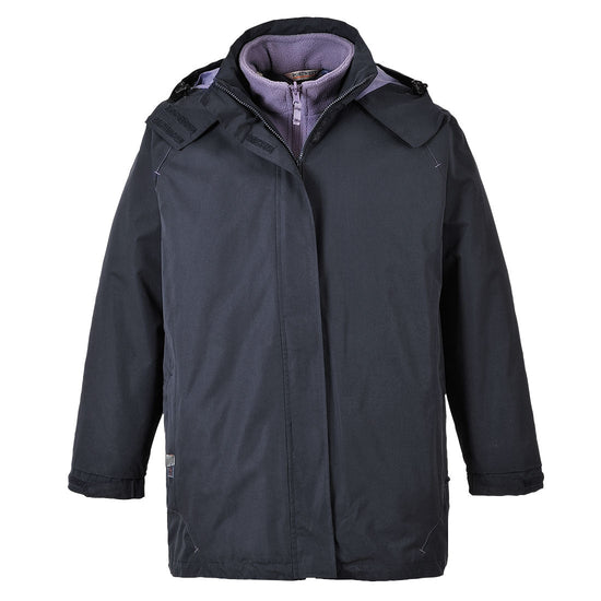 Navy Elgin 3 in 1 ladies jacket. Jacket has a hood and purple inner.