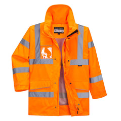 Orange extreme hi vis parka jacket. Jacket has pockets on the lower jacket and an id holder. Jacket also has two hi vis bands along the arms, one along the chest and one on each shoulder.