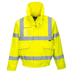 Yellow extreme hi vis bomber jacket. Jacket has pockets on the lower jacket and an id holder. Jacket also has two hi vis bands along the arms, one along the chest and one on each shoulder.