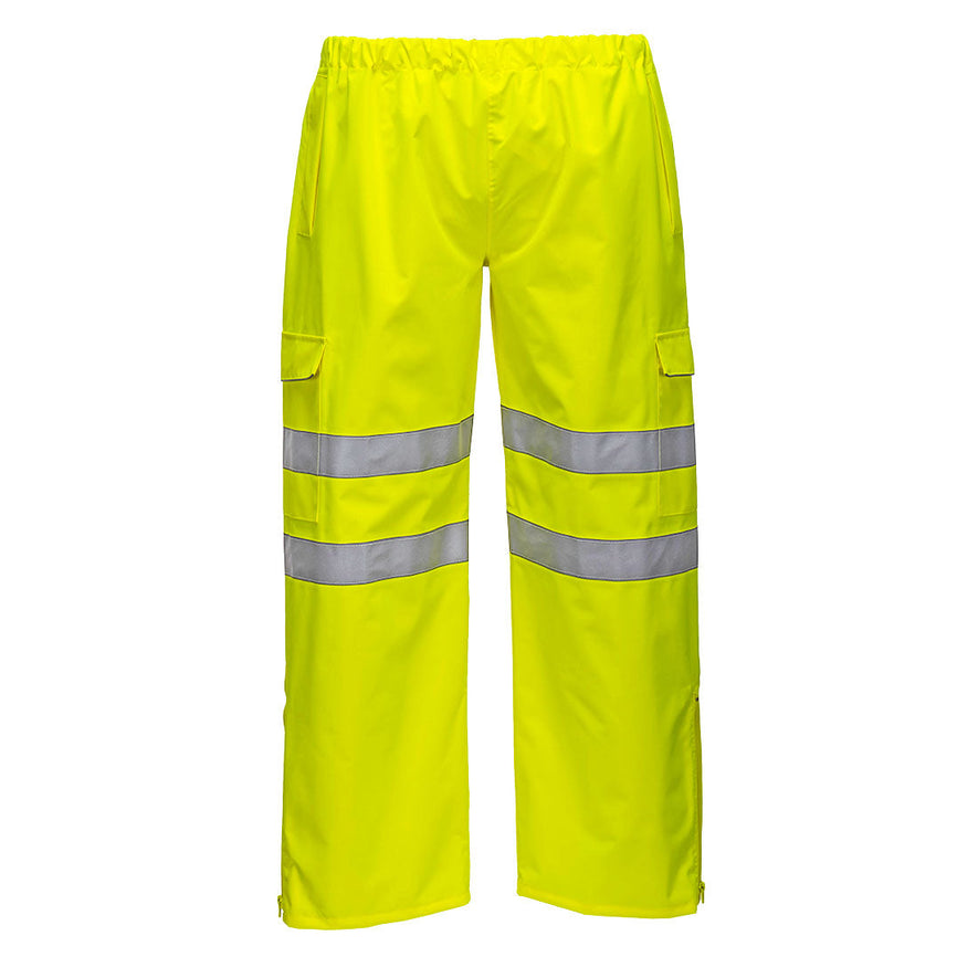 Yellow extreme waterproof trouser with hi vis knee bands and side pockets. Elasticated waistband for tighten