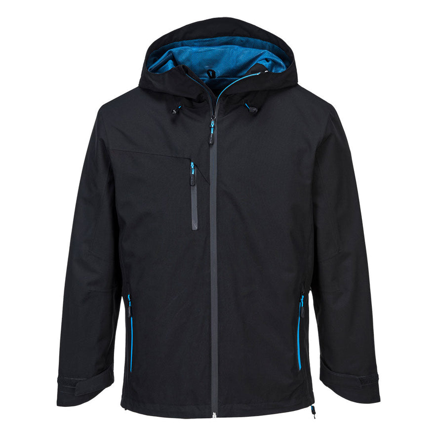 Black Portwest X3 Softshell jacket. Jacket has full zip fasten, zip fasten pockets and a visable hood. Jacket has blue contrast on the zip area and hood inner.