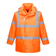 Orange Hi vis five in one jacket with two waist bands and shoulder bands. Zip and Pop button fasten with waist pockets, ID badge holder and visible hood.