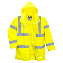 Yellow Hi vis five in one jacket with two waist bands and shoulder bands. Zip and Pop button fasten with waist pockets, ID badge holder and visible hood.