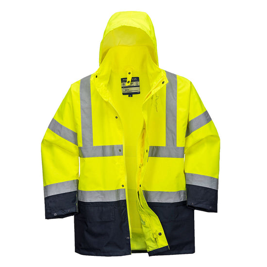 Yellow five in one essential hi vis contrast jacket. Jacket has navy contrast on the bottom of the jacket and arms and visible hood.