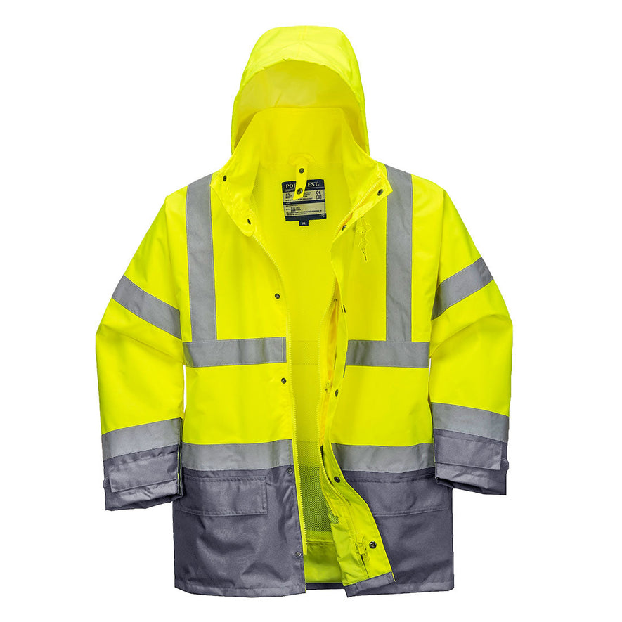 Yellow Hi vis executive five in one jacket with two waist bands and shoulder bands. Zip and Pop button fasten with waist pockets and visible hood. Jacket has grey contrast on the bottom of the jacket and arms.