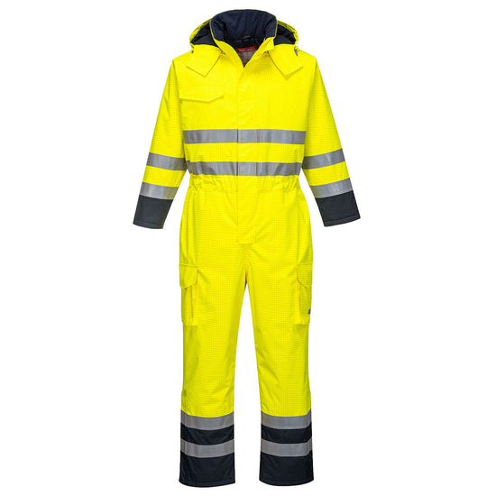 Hi Vis Rain Multi protection flame resistant coverall in Yellow with Navy accents on the bottom of the legs and sleeve. Coverall has hi vis waistbands, Arm bands, ankle bands, and shoulder straps. Leg pockets, Chest pocket and zip fasten. Visible hood.