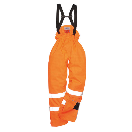 Hi vis Orange rain Multi Protection flame retardant multi protection trousers. trousers have shoulder braces and hi vis bands on the lower legs.