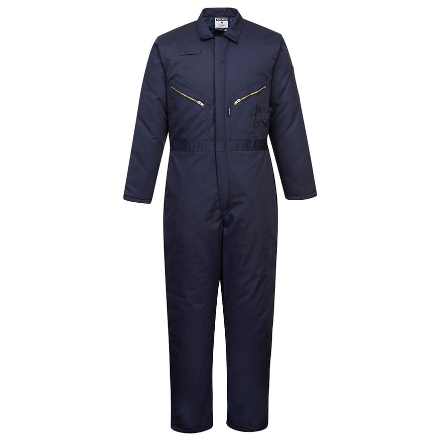 Navy Portwest Orkney lined coverall. Coverall has two chest zip pockets and a pen loop on the chest.