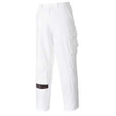 White Portwest painters trousers. Trousers are cargo style and have; Belt loops, cargo style pockets as well as room for kneepads.