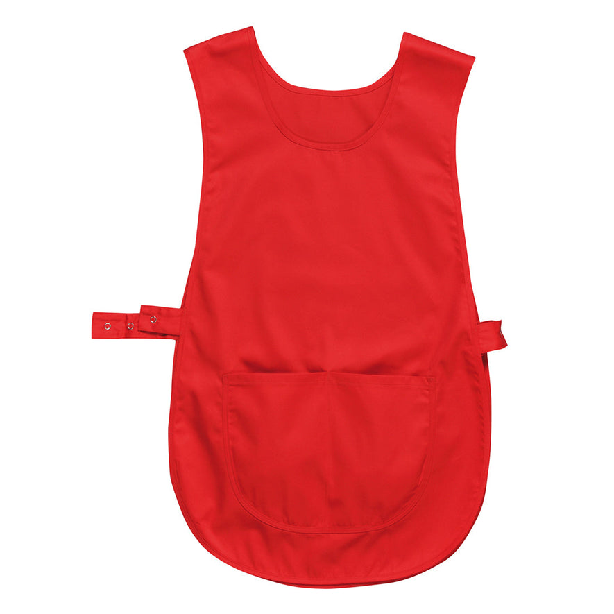 Red Portwest Tabard. Tabard has waist fasten and large waist pocket.